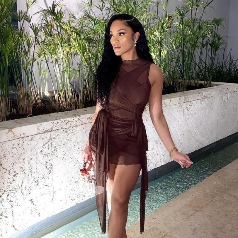 Kliou Ribbons Mesh See Through Bodycon Party Dresses Women Clubwear Mini Dress Solid Sleeveless Basic Female Outfits - Image 5