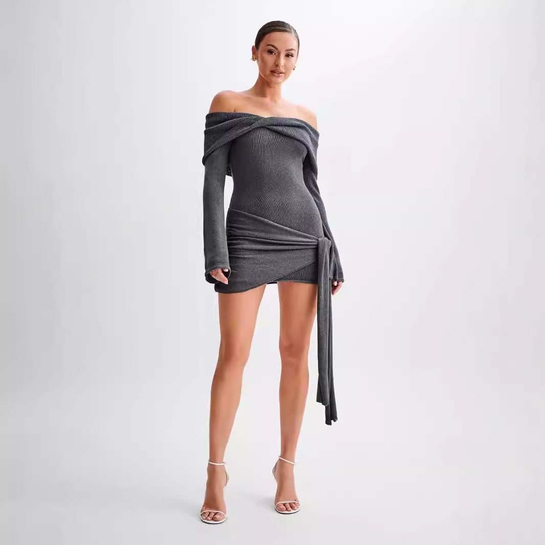 Knitted Off-shoulder Irregular Lace-up Dress Sweater - Image 3