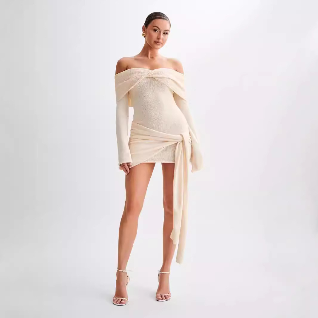 Knitted Off-shoulder Irregular Lace-up Dress Sweater - Image 2