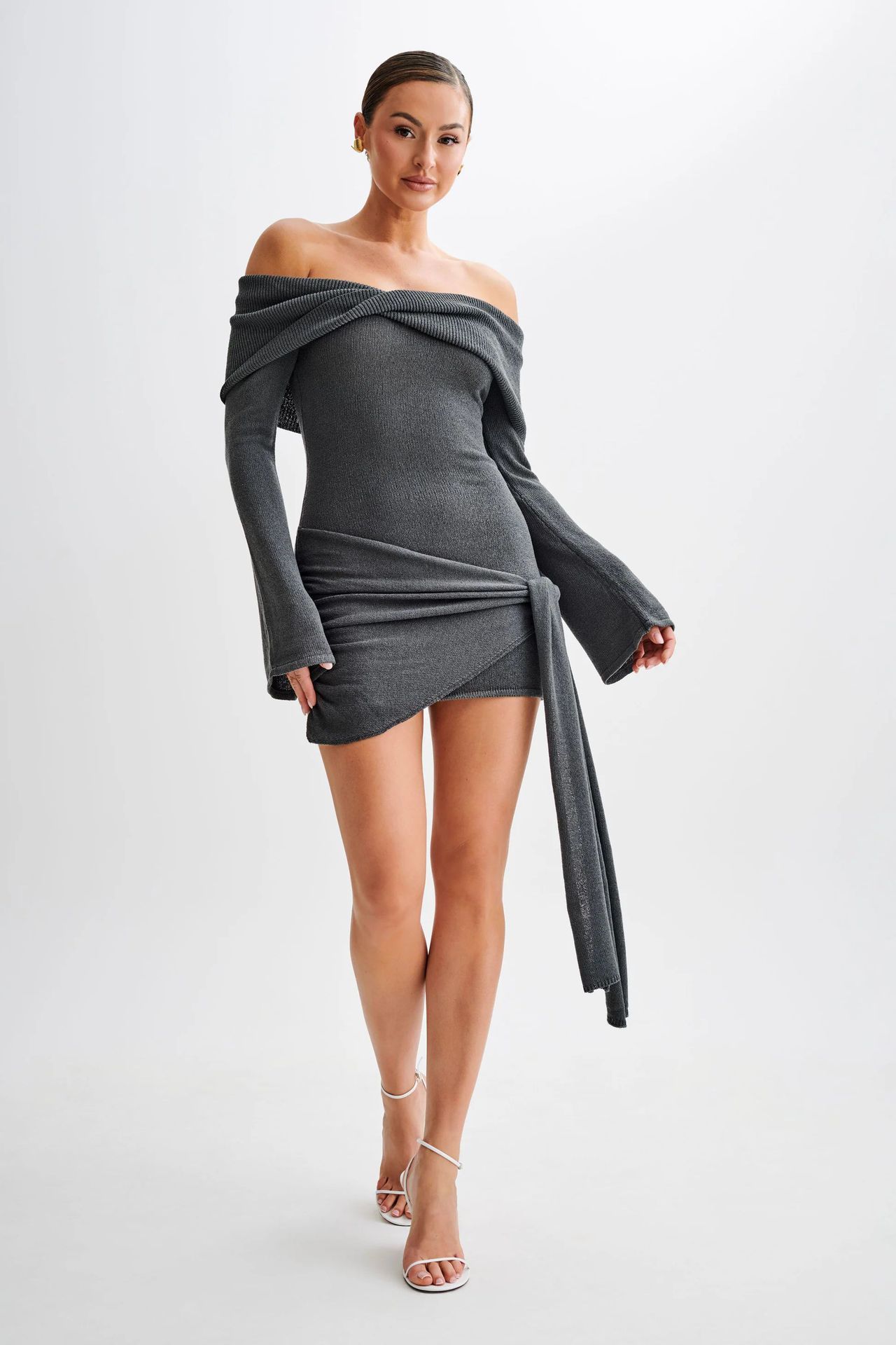 Knitted Off-shoulder Irregular Lace-up Dress Sweater - Image 4