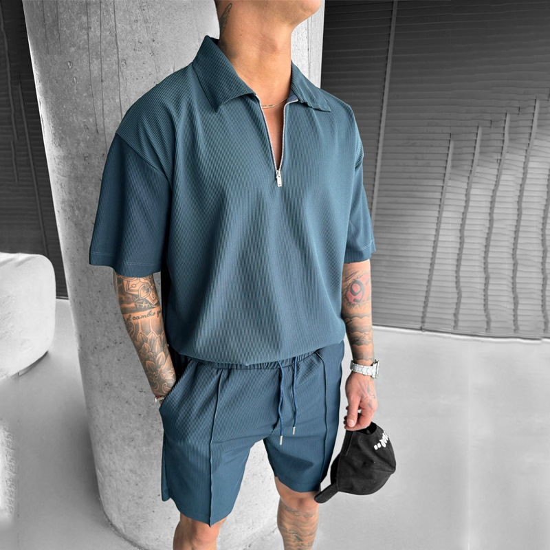 Summer Fashion Mens Clothing Men's Suits New Zipper Polo Casual Short Sleeve Drawstring Shorts Men's Set - Image 9