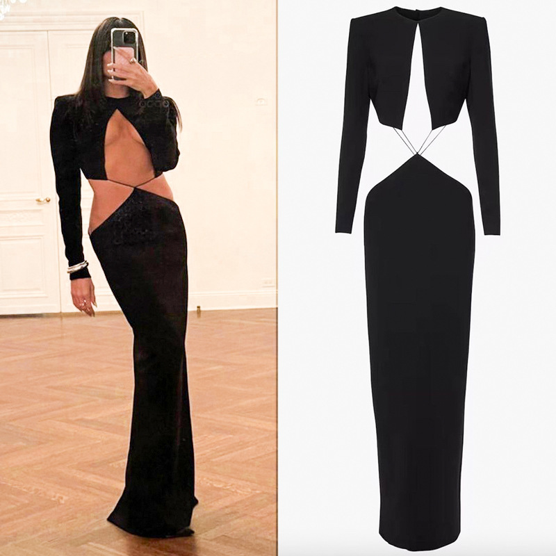 Women's Solid Color Long Sleeve Midriff Outfit Cutout Dress - Image 4