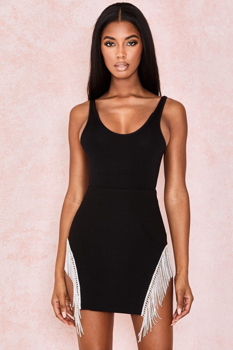 Women's Polyester Sleeveless Side Fringe Diamond Stripe Dress