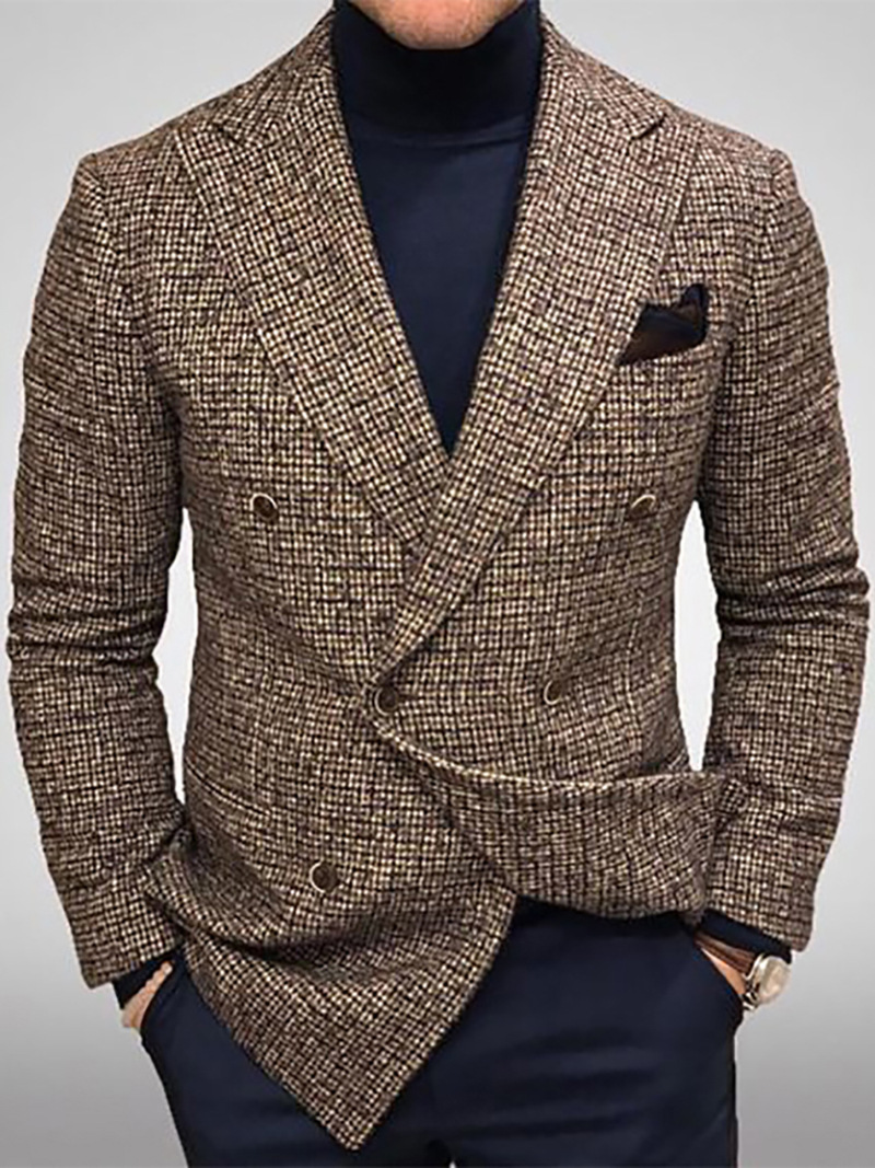 Men's Blazers Slim Fit Plaid Suits Jackets Male Long Sleeve Double-breasted Outerwear Business Casual Coats - Image 4