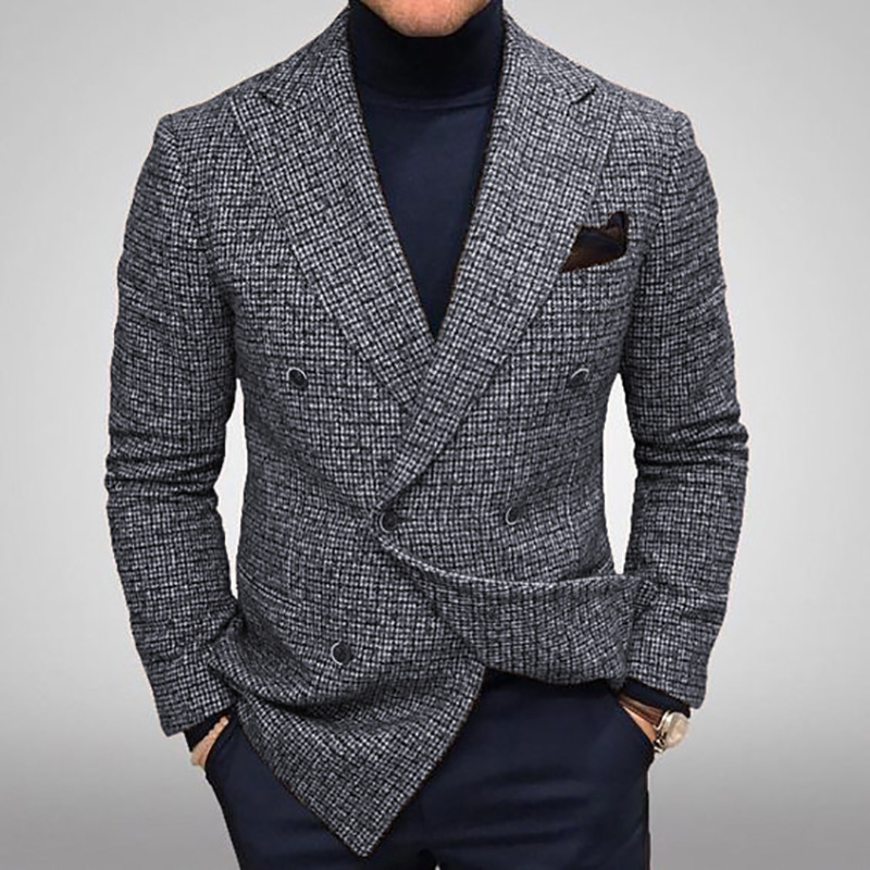 Men's Blazers Slim Fit Plaid Suits Jackets Male Long Sleeve Double-breasted Outerwear Business Casual Coats - Image 3
