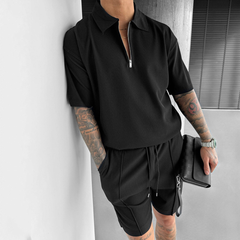 Summer Fashion Mens Clothing Men's Suits New Zipper Polo Casual Short Sleeve Drawstring Shorts Men's Set - Image 10