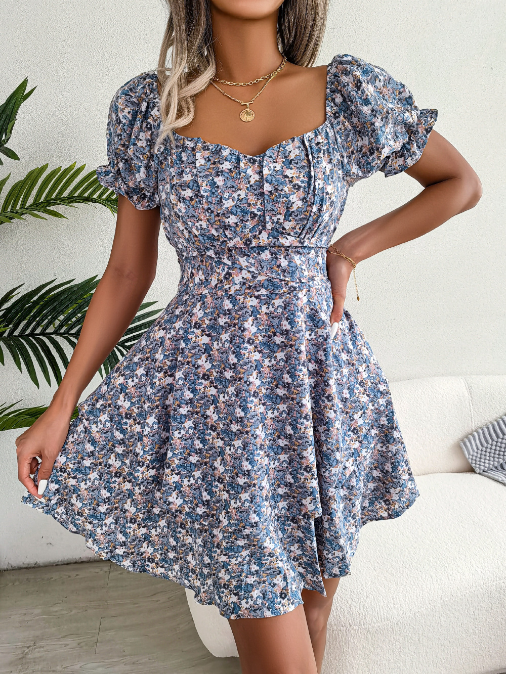 Women Mini Dress Temperament Big Swing Loose Hem Flower Print Shirring Dress Up Short Sleeves High Waist Summer Dress Clothes - Image 4