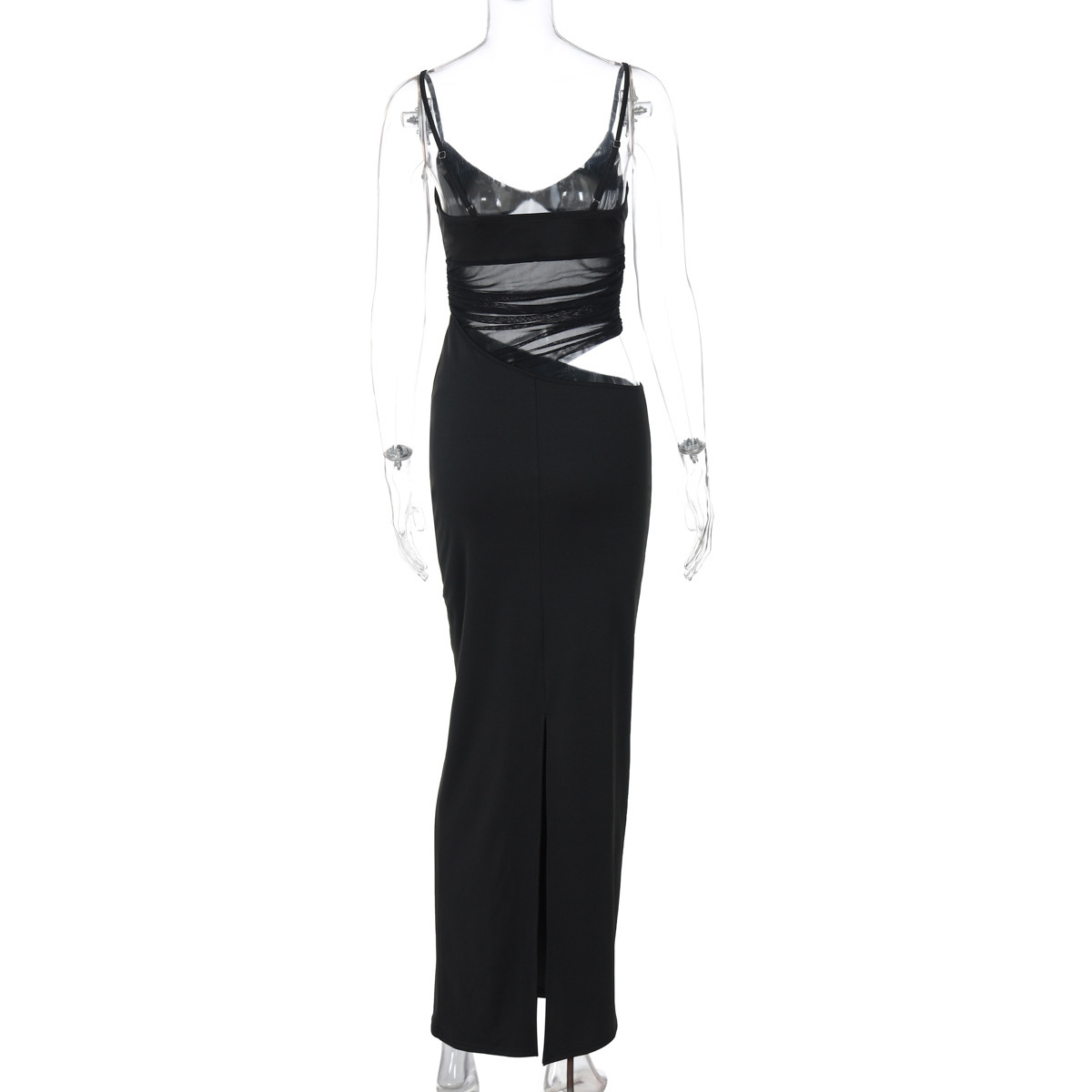 Winter New Fashion Sexy Patchwork Slit Mesh See-through Sling Dress - Image 6