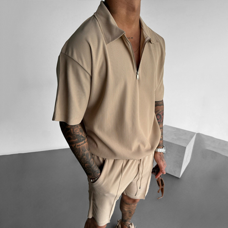 Summer Fashion Mens Clothing Men's Suits New Zipper Polo Casual Short Sleeve Drawstring Shorts Men's Set - Image 4