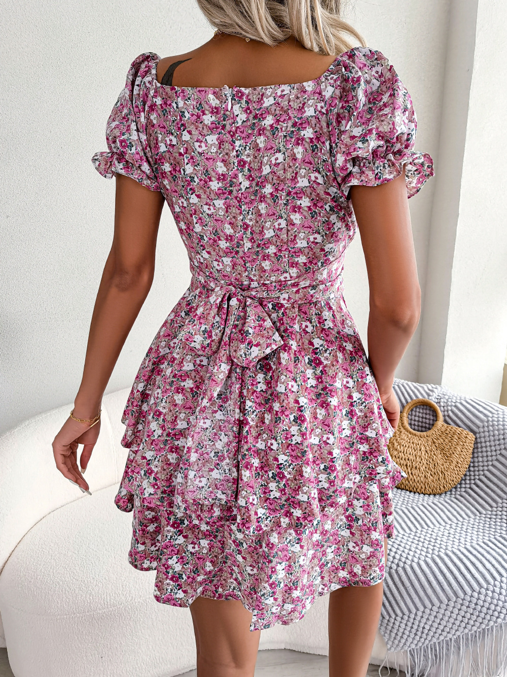 Women Mini Dress Temperament Big Swing Loose Hem Flower Print Shirring Dress Up Short Sleeves High Waist Summer Dress Clothes - Image 8