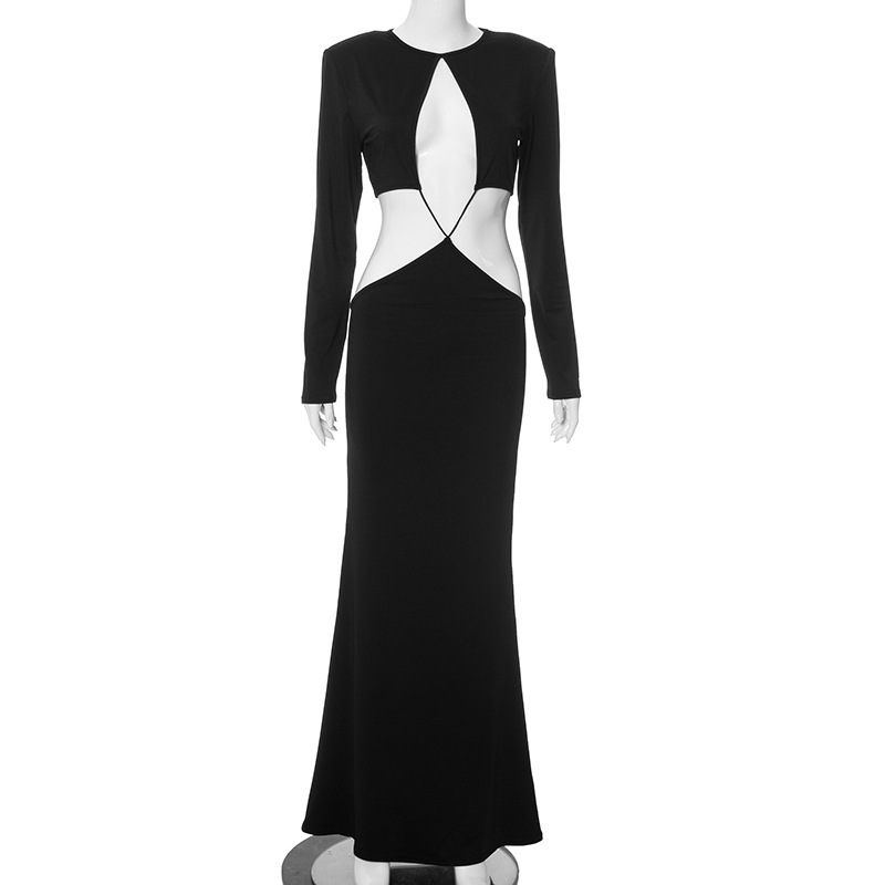Women's Solid Color Long Sleeve Midriff Outfit Cutout Dress - Image 6